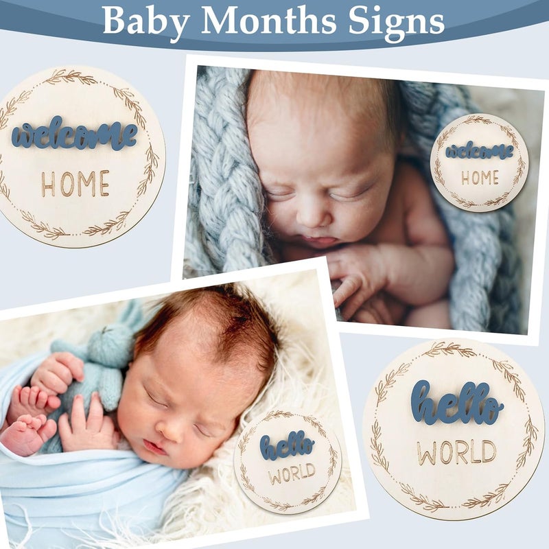 AuraRay Baby Monthly Milestone Cards, Wooden 3D Baby Milestone Signs, Double Sided Blue Monthly Baby Milestone for Newborn Boy Girl 1-12 Months Photos - Image 3